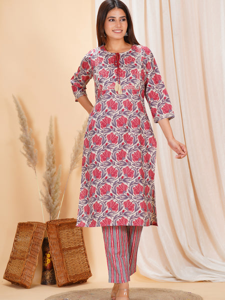 Soft pure cotton printed set with comfy elastic pants, perfect for daily wear and all-day comfort.