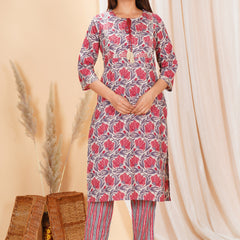Soft pure cotton printed set with comfy elastic pants, perfect for daily wear and all-day comfort.