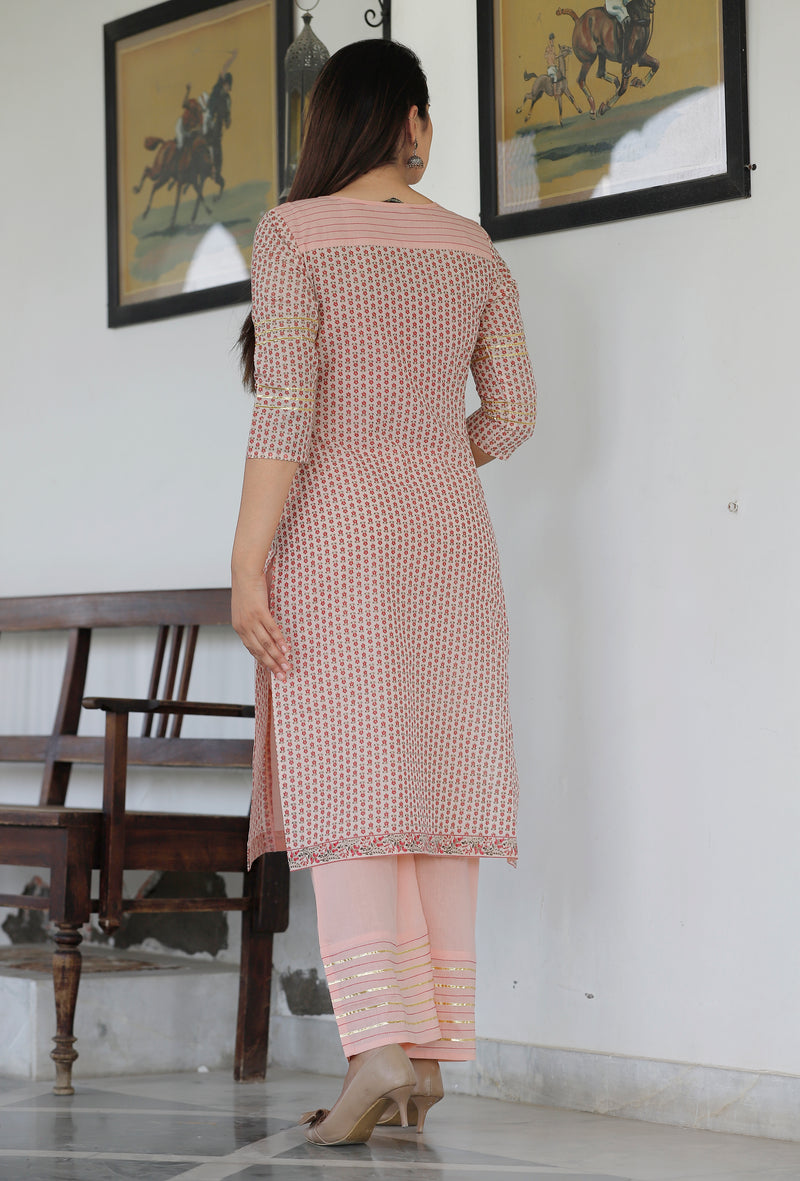 Women Peach Cotton Printed Kurta with Palazzo Set