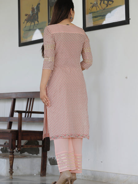 Women Peach Cotton Printed Kurta with Palazzo Set