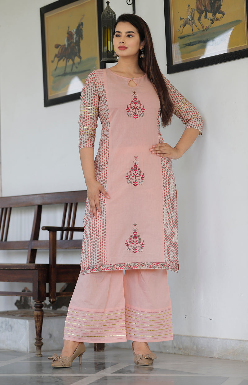 Women Peach Cotton Printed Kurta with Palazzo Set
