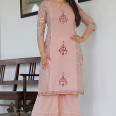 Women Peach Cotton Printed Kurta with Palazzo Set