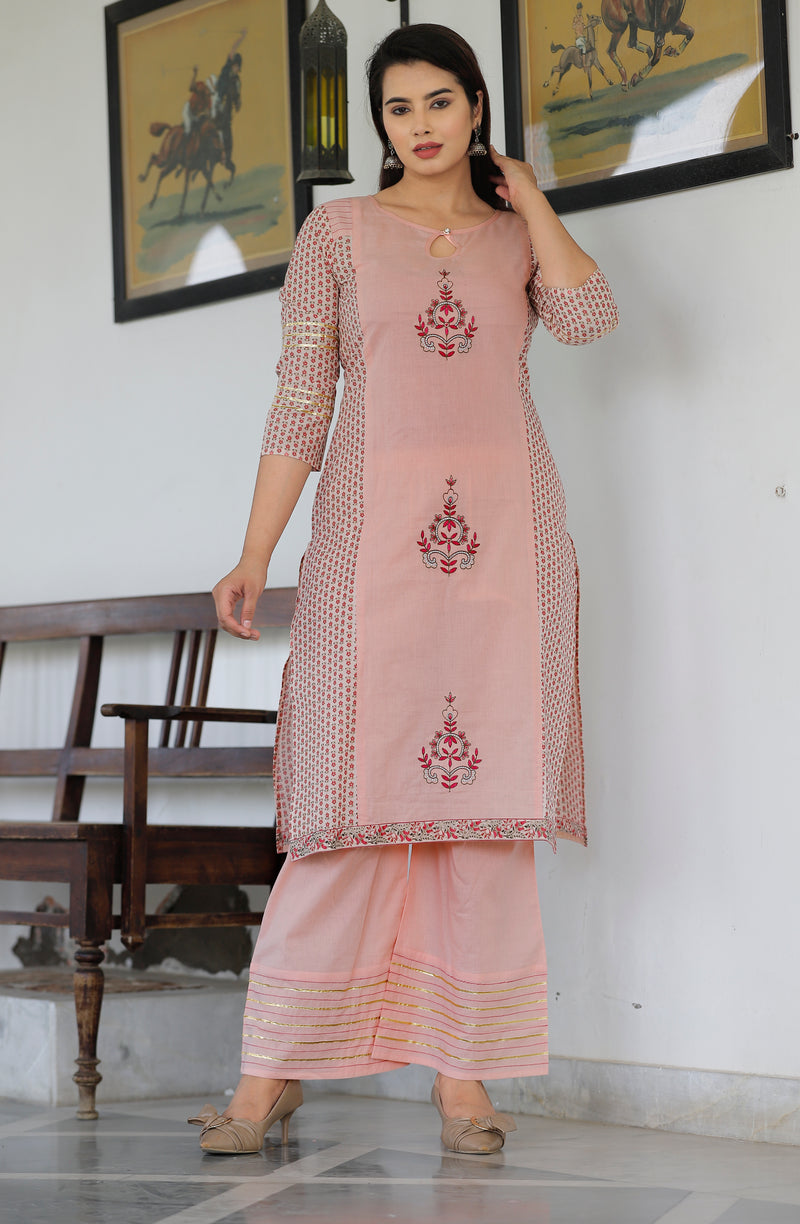 Women Peach Cotton Printed Kurta with Palazzo Set
