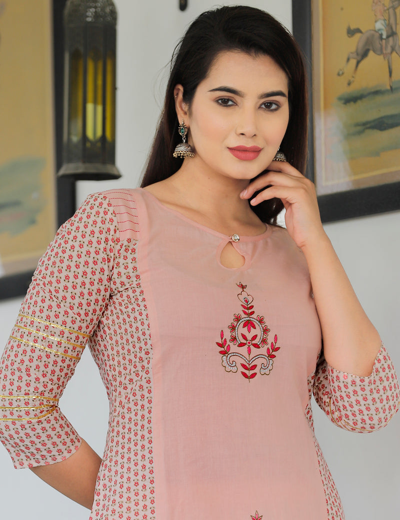 Women Peach Cotton Printed Kurta with Palazzo Set
