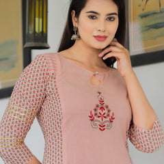 Women Peach Cotton Printed Kurta with Palazzo Set