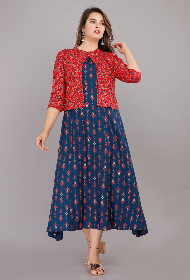 Blue Printed Rayon Flared Dress for Women