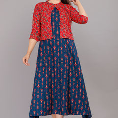 Blue Printed Rayon Flared Dress for Women