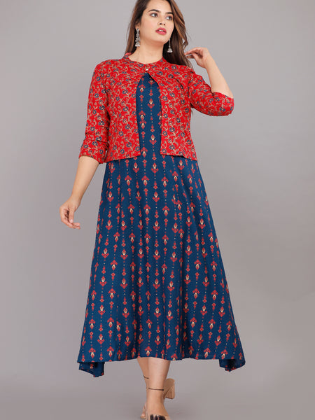 Blue Printed Rayon Flared Dress for Women