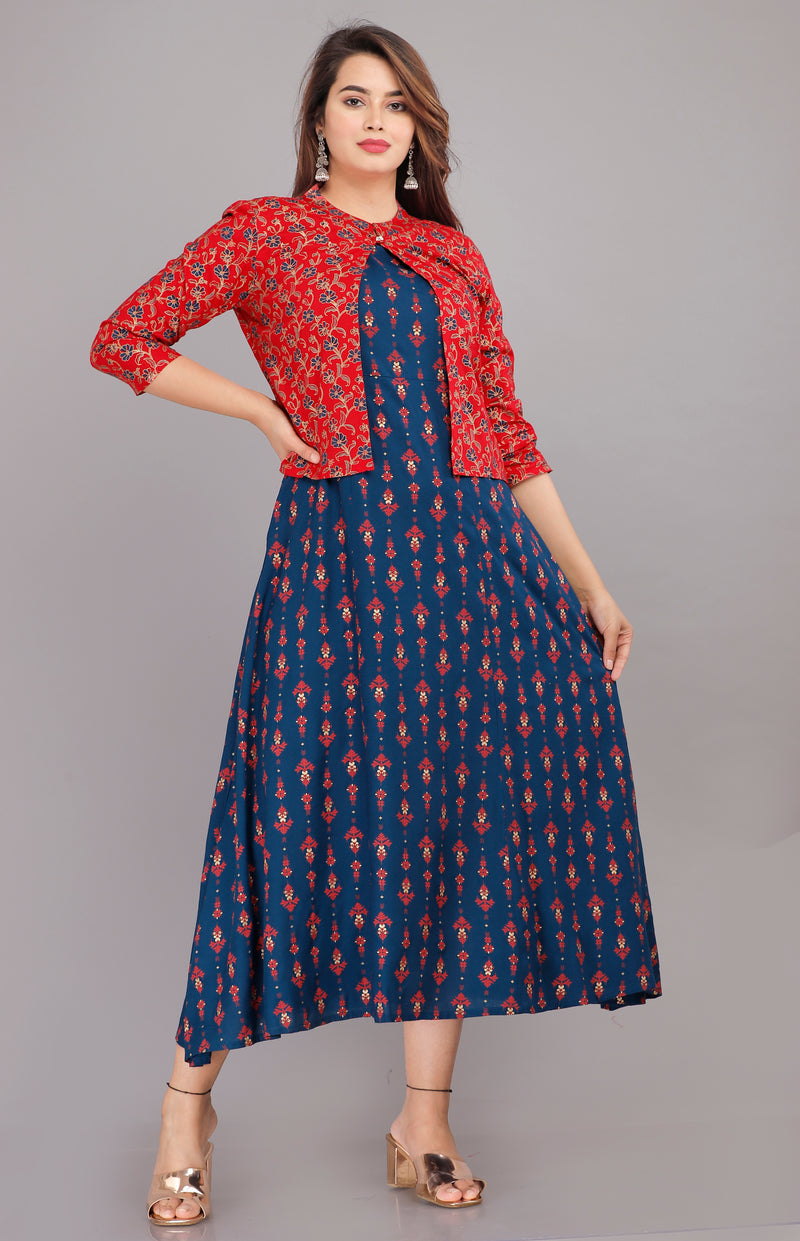Blue Printed Rayon Flared Dress for Women