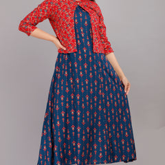 Blue Printed Rayon Flared Dress for Women