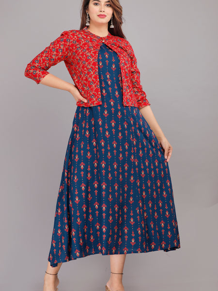 Blue Printed Rayon Flared Dress for Women