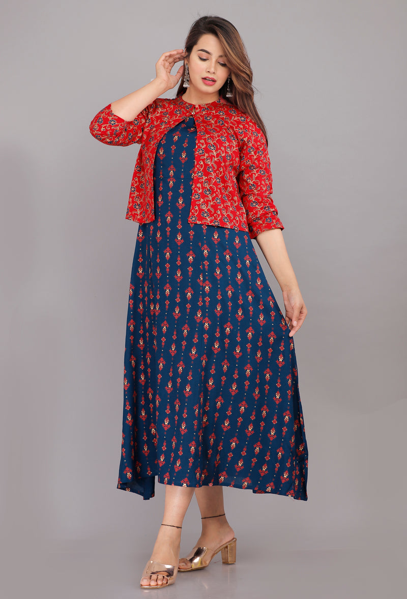 Blue Printed Rayon Flared Dress for Women