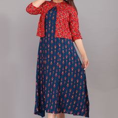 Blue Printed Rayon Flared Dress for Women