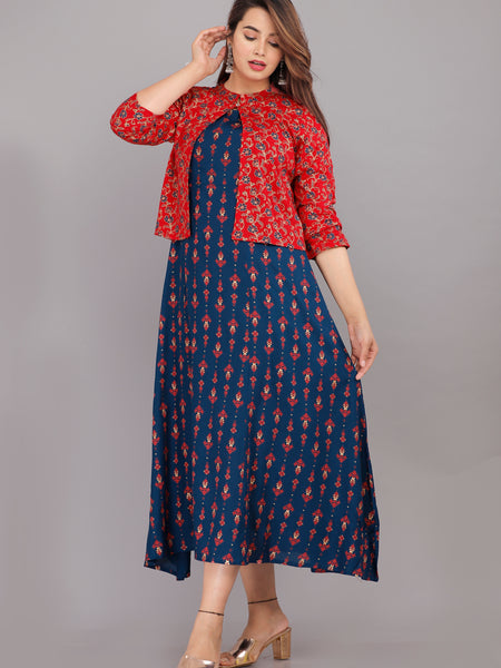 Blue Printed Rayon Flared Dress for Women