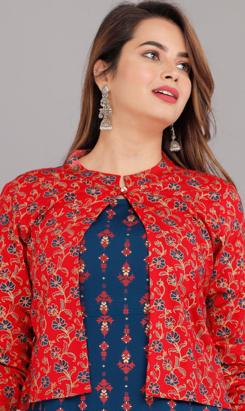 Blue Printed Rayon Flared Dress for Women