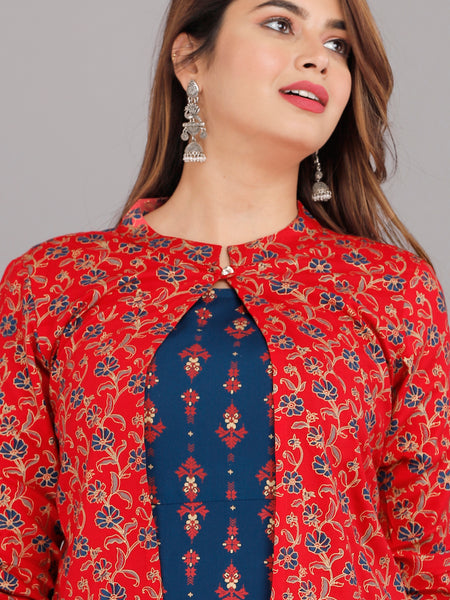Blue Printed Rayon Flared Dress for Women