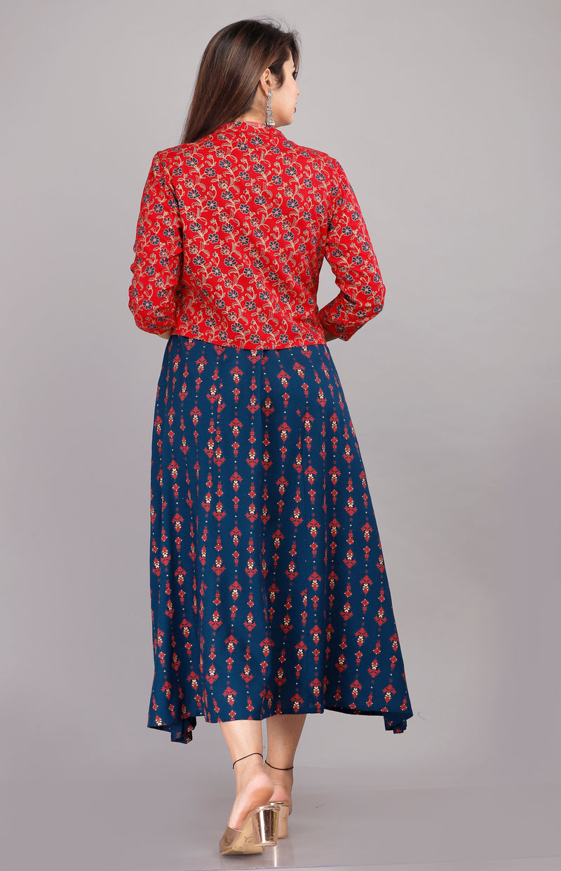 Blue Printed Rayon Flared Dress for Women