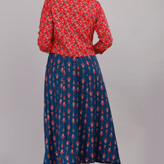 Blue Printed Rayon Flared Dress for Women