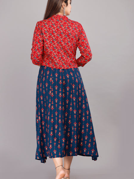 Blue Printed Rayon Flared Dress for Women
