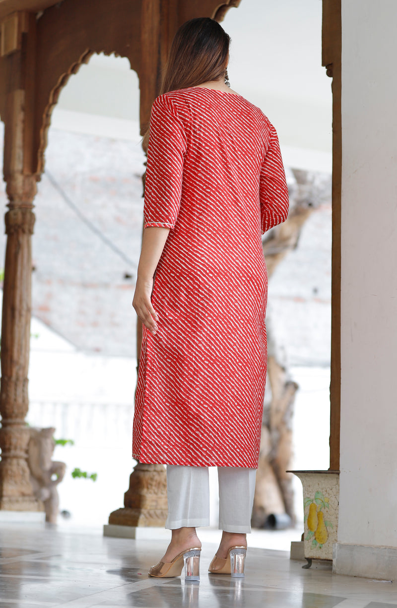Classic Red Cotton Kurti with Elegant Embroidered Yoke