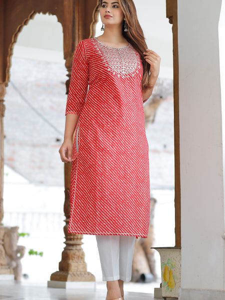 Classic Red Cotton Kurti with Elegant Embroidered Yoke