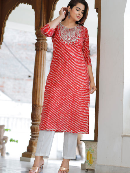 Classic Red Cotton Kurti with Elegant Embroidered Yoke
