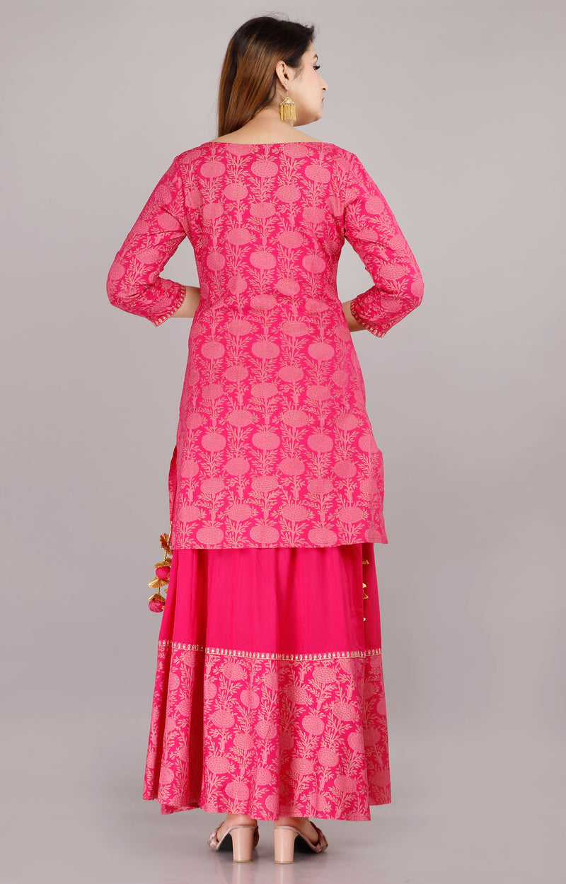 Hot Pink Printed Rayon Flared Dress for Women