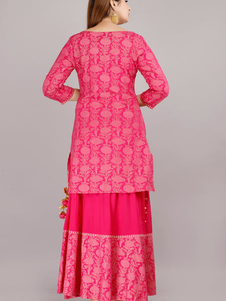 Hot Pink Embroidered Kurta Skirt Set for Women