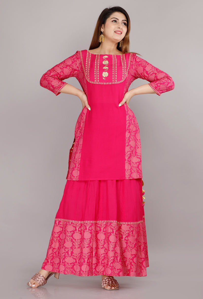 Hot Pink Printed Rayon Flared Dress for Women