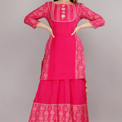 Hot Pink Printed Rayon Flared Dress for Women