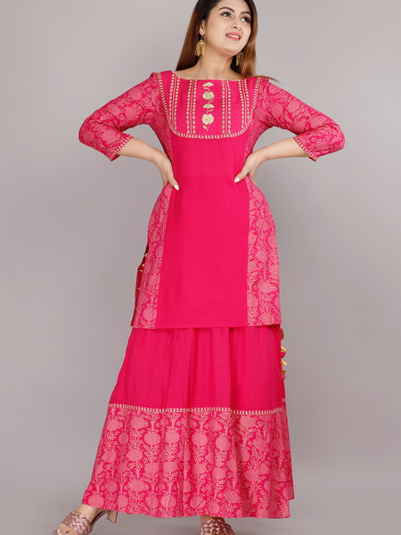 Hot Pink Printed Rayon Flared Dress for Women