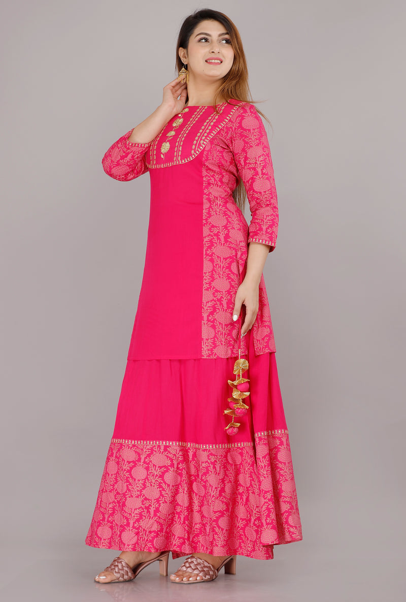 Hot Pink Printed Rayon Flared Dress for Women