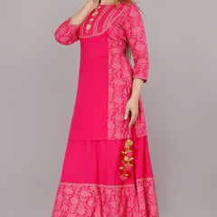 Hot Pink Printed Rayon Flared Dress for Women
