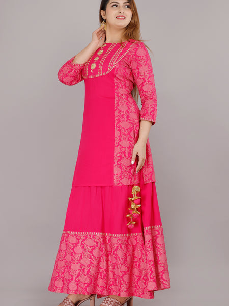 Hot Pink Embroidered Kurta Skirt Set for Women