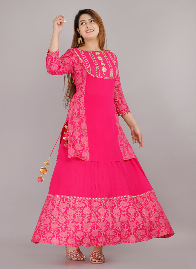 Hot Pink Printed Rayon Flared Dress for Women