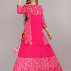 Hot Pink Printed Rayon Flared Dress for Women