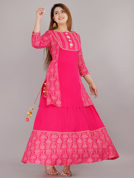 Hot Pink Embroidered Kurta Skirt Set for Women