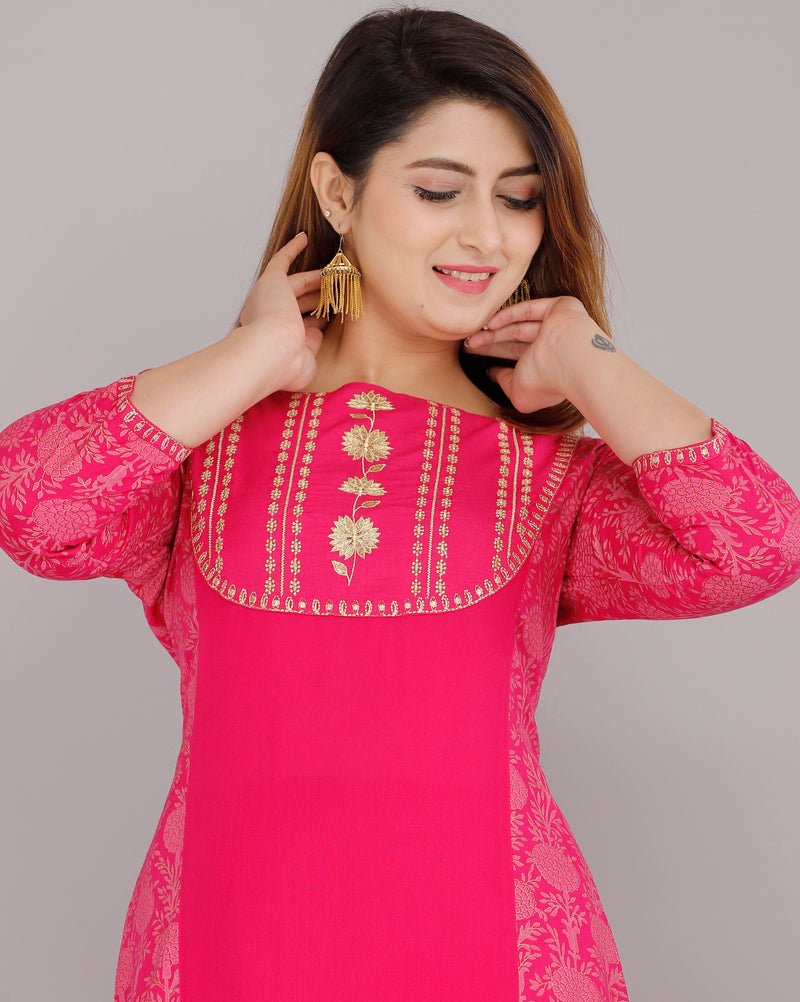 Hot Pink Printed Rayon Flared Dress for Women