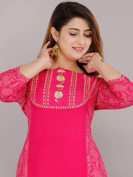 Hot Pink Embroidered Kurta Skirt Set for Women