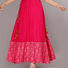 Hot Pink Printed Rayon Flared Dress for Women