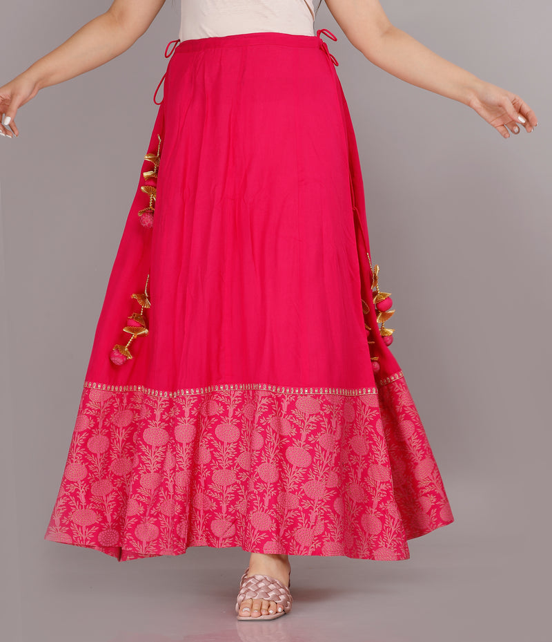 Hot Pink Printed Rayon Flared Dress for Women