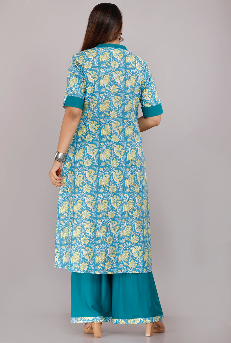 Elegant Blue Floral Printed Kurta Set with Palazzo Pants