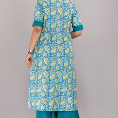 Elegant Blue Floral Printed Kurta Set with Palazzo Pants