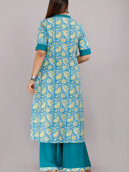 Elegant Blue Floral Printed Kurta Set with Palazzo Pants