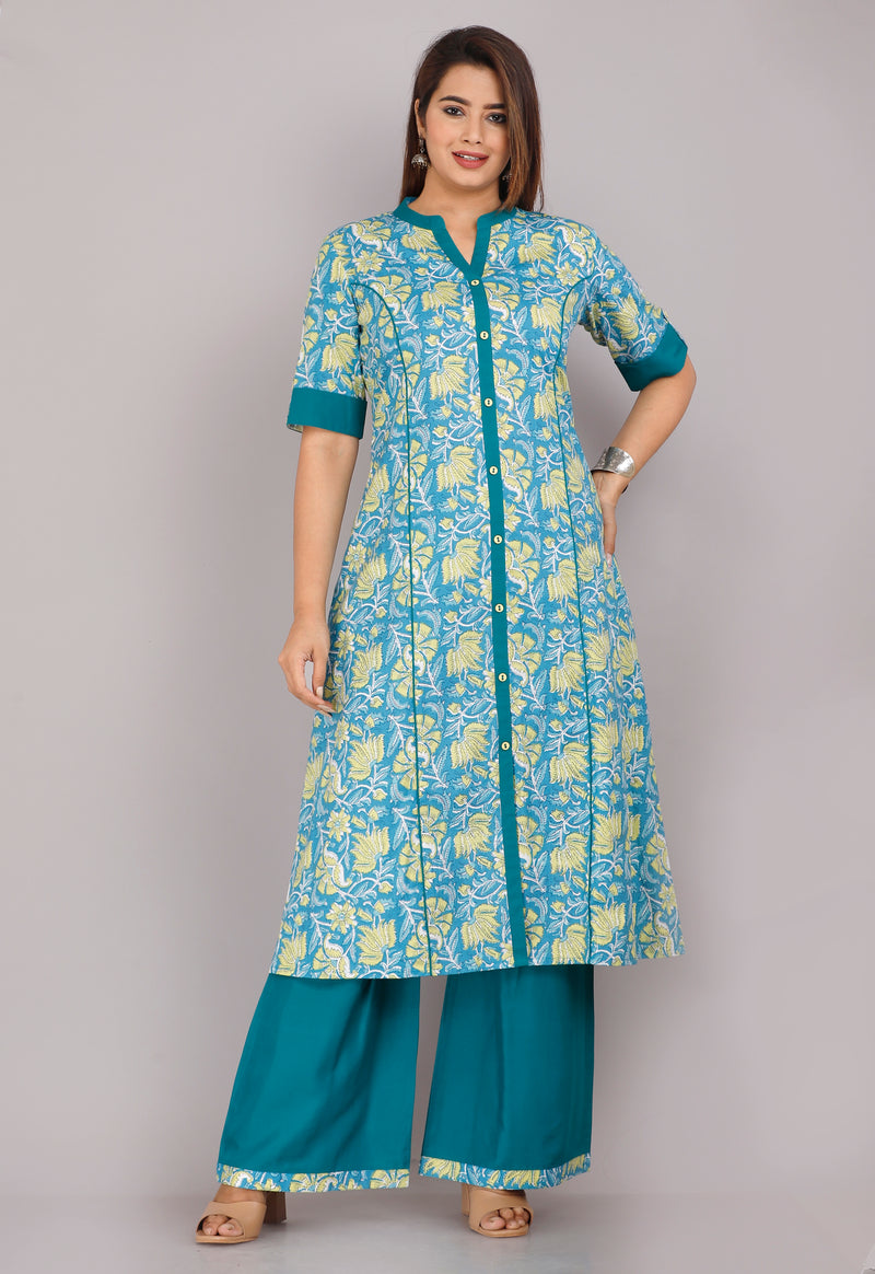 Elegant Blue Floral Printed Kurta Set with Palazzo Pants