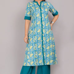 Elegant Blue Floral Printed Kurta Set with Palazzo Pants
