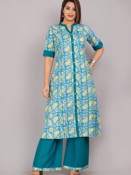 Elegant Blue Floral Printed Kurta Set with Palazzo Pants