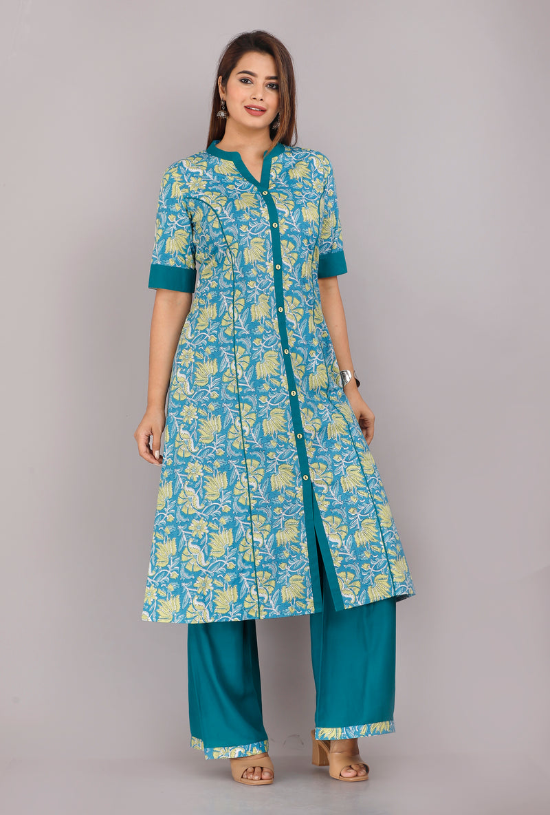 Elegant Blue Floral Printed Kurta Set with Palazzo Pants