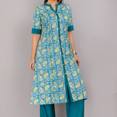 Elegant Blue Floral Printed Kurta Set with Palazzo Pants