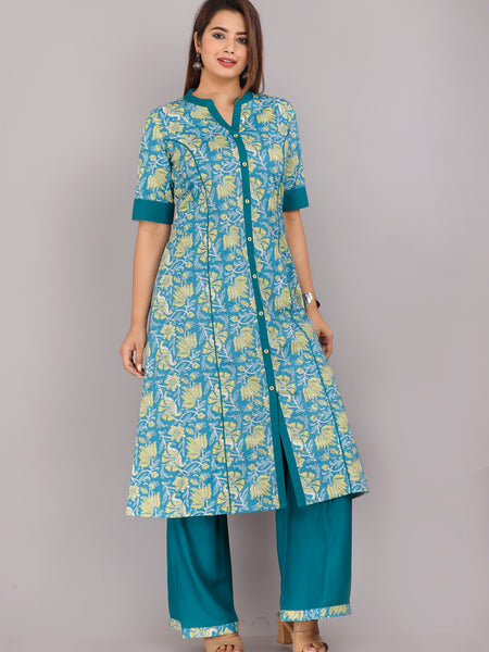 Elegant Blue Floral Printed Kurta Set with Palazzo Pants